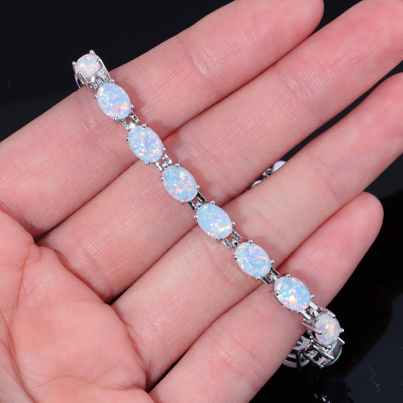 CiNily Oval Shape Tennis White Opal Bracelet for Women Ladies Adjustable Opal Jewelry Rhodium Plated Gemstone Bracelet 8.5" - Image 5